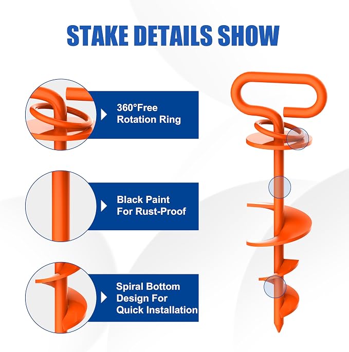Eurmax USA 2-Pack Heavy Duty Dog Tie Out Stake, No-Tangle In Ground Anchor Runner for Large Dogs up to 210 Lbs - Perfect for Yard, Beach and Camping (Oval,Orange)