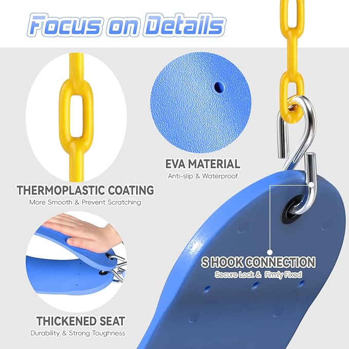 SEKKVY Swing Seats with 66" Heavy Duty Chains, Swing Set Accessories Replacement with Snap Hooks, Toddler Swings Supports 250 lbs for Outdoor Backyard Playground, Indoor Swing for Kids, Blue 1 Pack