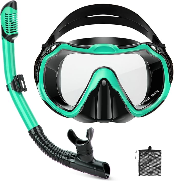 Snorkeling Gear for Adults, Adult Snorkel Set with Panoramic Anti-Leak and Anti-Fog Tempered Glass Snorkel Mask, Dry Top Snorkel, Snorkle Mask Set Adult with Mesh Bag Ear Plug for Snorkeling