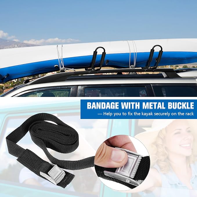 GYMAX 2Pairs Universal Kayak Roof Rack, J-Bar Roof Top Carrier with Straps, Foam Pad & Buckles, Mount Crossbar on SUV Van Car for SUP, Boat, Kayak, Canoes, Ski Board