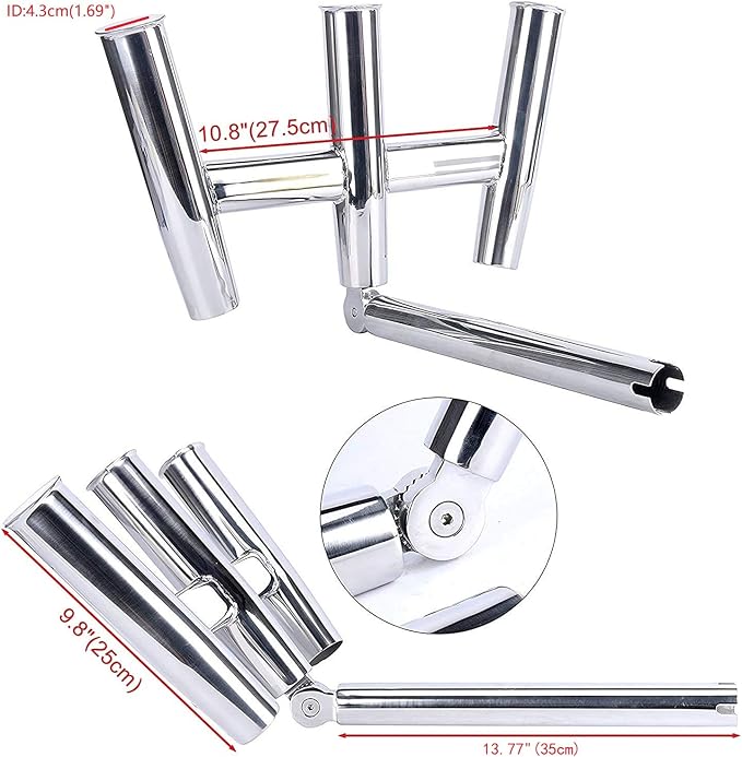 Amarine-made 3 Tube Silver Highly Polished Stainless Steel Trident Outrigger Stylish Rod Holder - Triple Rod Holder , Kite Fishing Mount 3-Rod Holder (Size B)