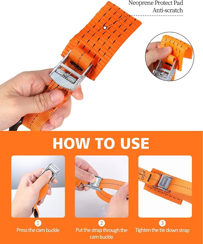 Upgraded 1'' x 8' Tie Down Straps, Cargo Roof Rack Strap Cam Buckle with Hooks, Heavy Duty Secure Strap, Orange - Pack of 4