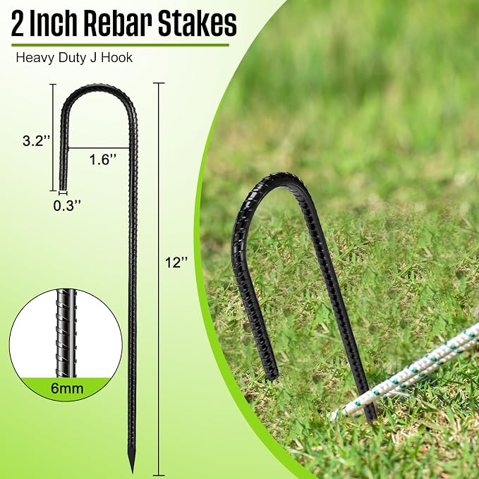 Gisafai 200 Pcs 12 Inch J Hook Rebar Stakes, Garden Ground Stakes Heavy Duty Tent Ground Anchors Steel Plant Support Stake Long Straight Metal Spikes with Chisel Point End for Concrete Timber