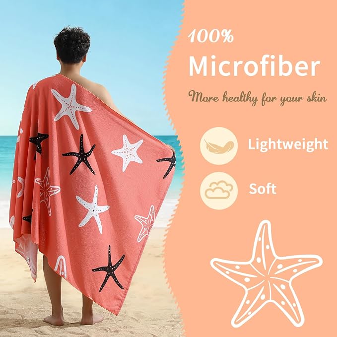 Belista Oversized Beach Towels 4 Pack,40”x70” Microfiber Thin Large Beach Towel Set for Adults Travel Camping Swimming,Turtle Starfish Them Sand Free Quick Dry Lightweight XL Pool Towels,Orange & Gray