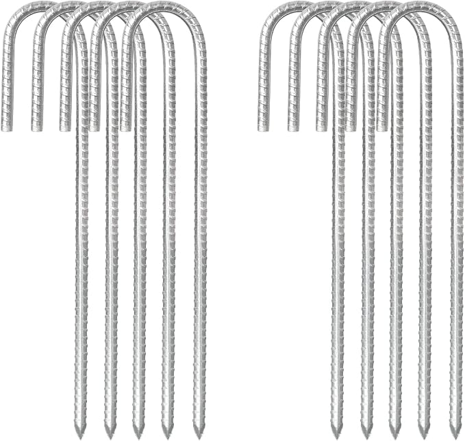 Rebar Stakes, 10 Pack 16 Inch Heavy Duty J Hook Galvanized Ground Stakes for Camping Tent Trampoline Swings and Chain Link Fence (Silver)