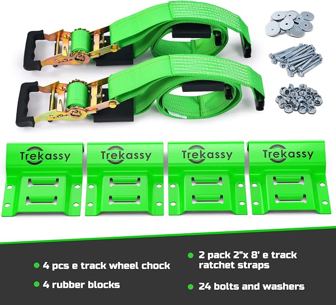 Trekassy Wheel Chock Tie-Down Kit with Rubber Blocks, (4,500lb Break Strength) Heavy Duty E Track Trailer Tire Straps for ATV, UTV, Lawn Mower- 2 Pack
