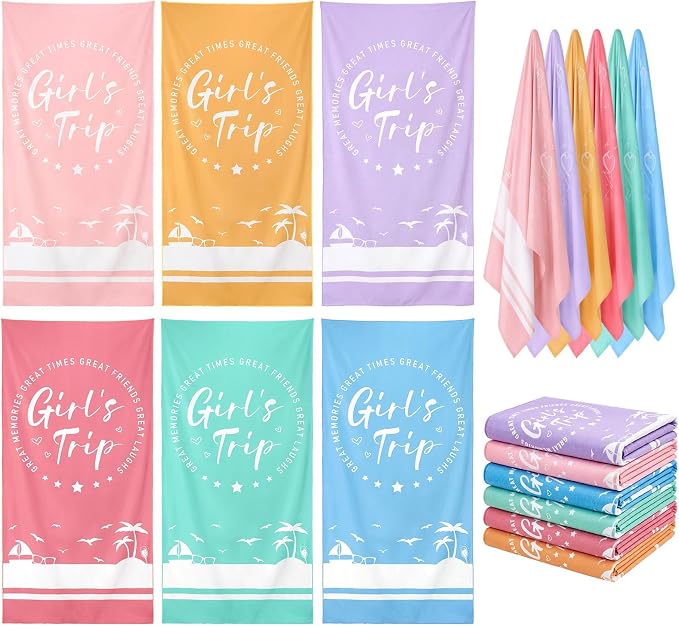 Patelai 6 Pcs Girls Trip Beach Towels Girls Trip Gifts Lightweight Microfiber Oversized 35 x 70 Inches Towels Quick Dry Colorful Easy Pack for Swimming Pool Camping Women Adult Vacation (Novelty)