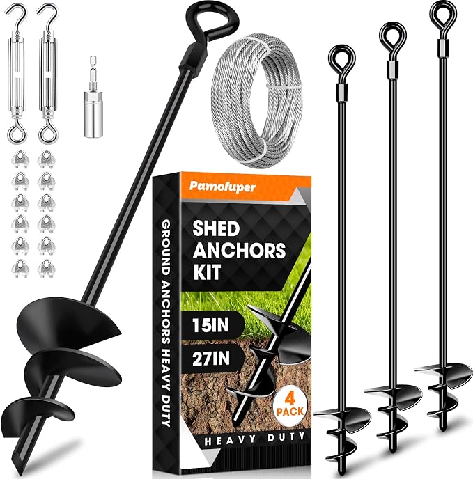 27" Screw in Ground Anchors Kits with 3/16" Cable, 4 Pack Heavy Duty Stakes | for Shed, Earth Anchors High Wind Hurricane Straps, for Swing Set, for Mobile Home, for Carport Gazebo Trampoline Tent Tree