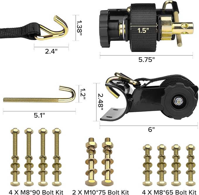 4 Pack Retractable Ladder Rack Ratchet Straps, 2" Round Tube Mount Tie Downs, 1.5" x 7.5' Heavy Duty 500 lbs Load Capacity with Double J-Hooks, Bolt-On Cargo Buckle for Truck & Van Roof Racks