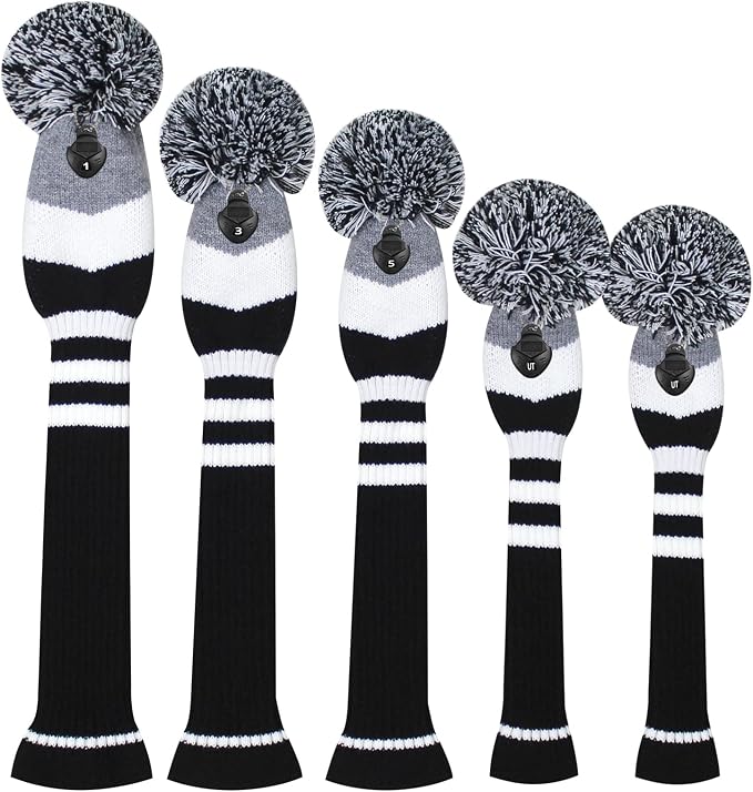 Scott Edward Knit Golf Club Cover with a Pom Set of 5 Head Covers Protect Driver Wood(460cc) 1 Fairway Wood2 and Hybrid/UT2 with Rotating Club Number Tags