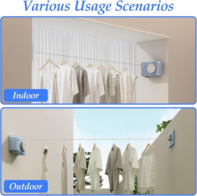 Danpoo Retractable Clothesline Heavy Duty - 13.8ft Adjustable Tension Wall Mounted Indoor Outdoor Clothes Drying Line, Compact Laundry Rope with Pulley System (Blue)