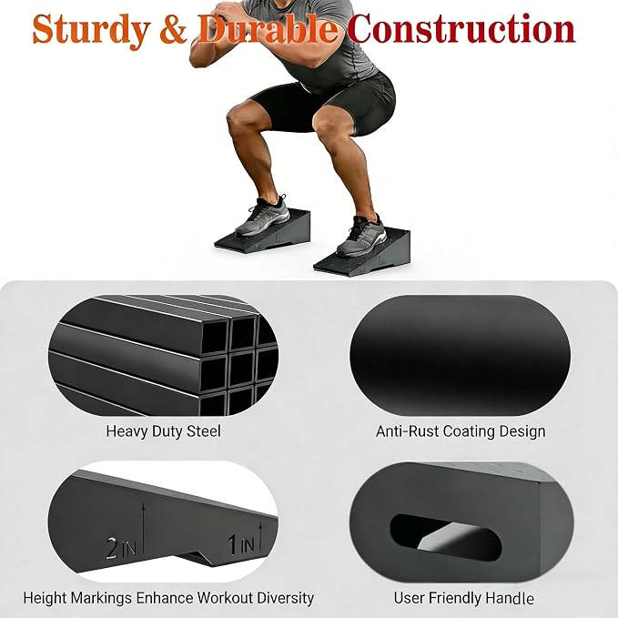 Squat Wedge, Steel Heavy Duty Squat Wedge Block, 2 Pcs Non-Slip Slant Board for Squats, 800 lbs Weight Capacity for Deeper Squats, Calf Raises, Weightlifting and Foot Stretches