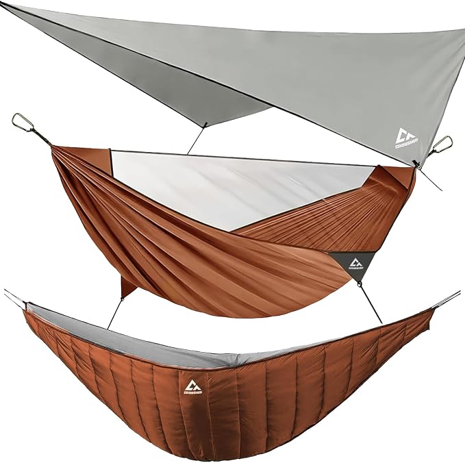 Camping Hammock with Mosquito Net, Underquilt & Rain Fly Tarp – 2 Person Portable Hammock Set for Hiking, Backpacking, Travel, Backyard, Beach – Holds Up to 500lbs (Orange)