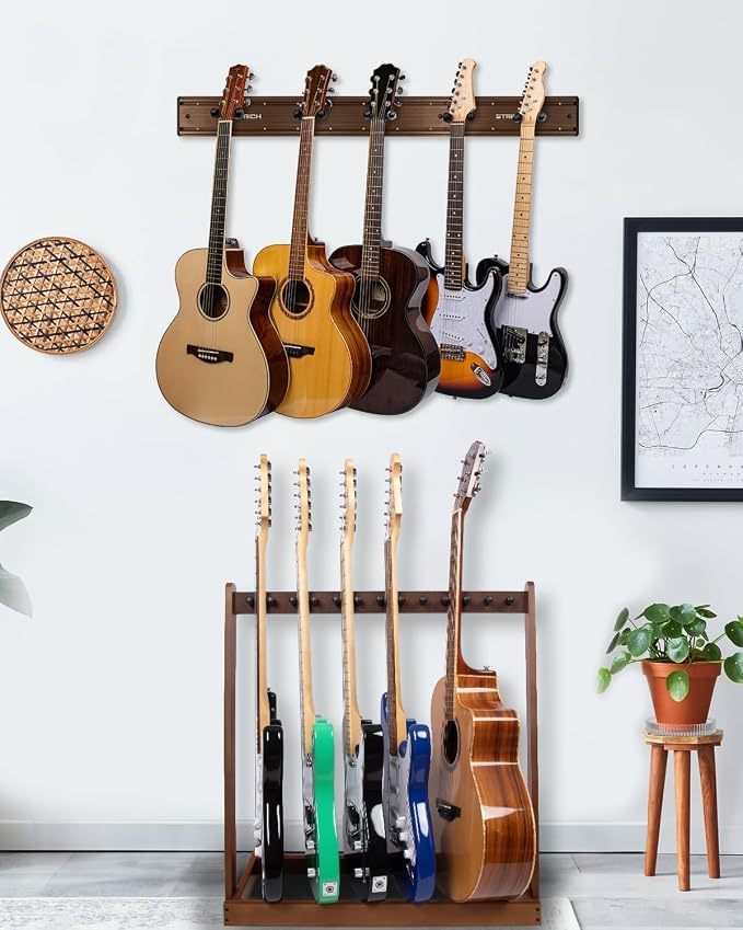 STRICH Guitar Wall Mount Hangers - Holds 5 Guitars, Walnut Wood Grain, Strong Aluminum Metal Stand Rack, Adjustable Display Set, SMH-05W