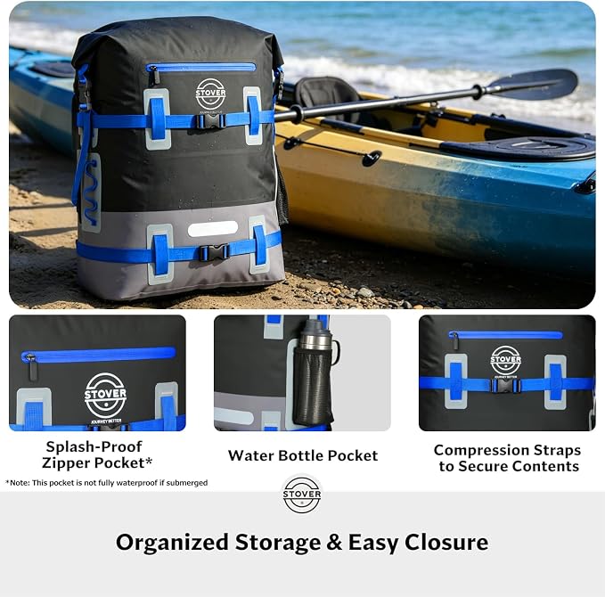 STOVER 55L Waterproof Dry Backpack & Phone Case - 2XL Floating Dry Bag for Kayaking, Travel, Hiking, Fishing, Camping, Motorcycles & Beach, Heavy-Duty Roll Top Men/Women (Black/Grey/Blue)