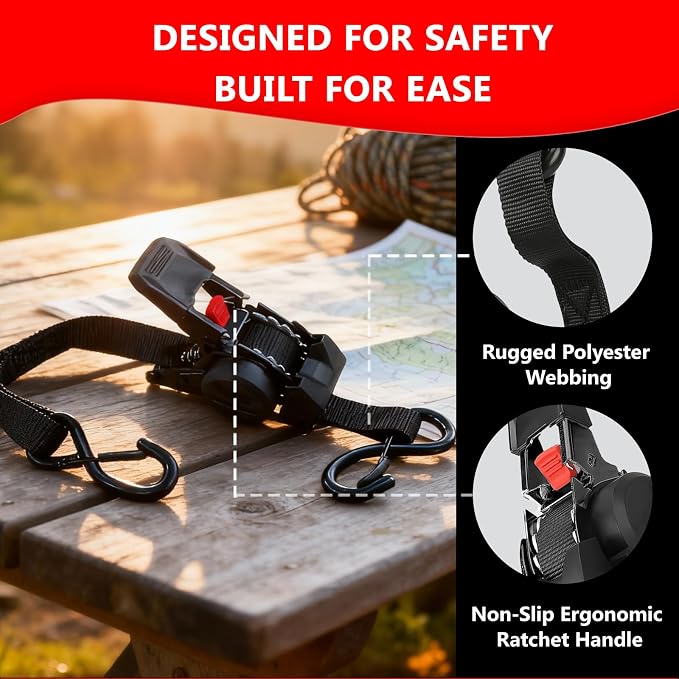 Retractable Ratchet Straps (2 Pack) - 1" x10 ft Heavy Duty with Auto Retract, Safety Lock Hooks & 1650 lb - Soft Loops + Bungee Cords for Truck, Trailer, Motorcycle, ATV, UTV, Moving