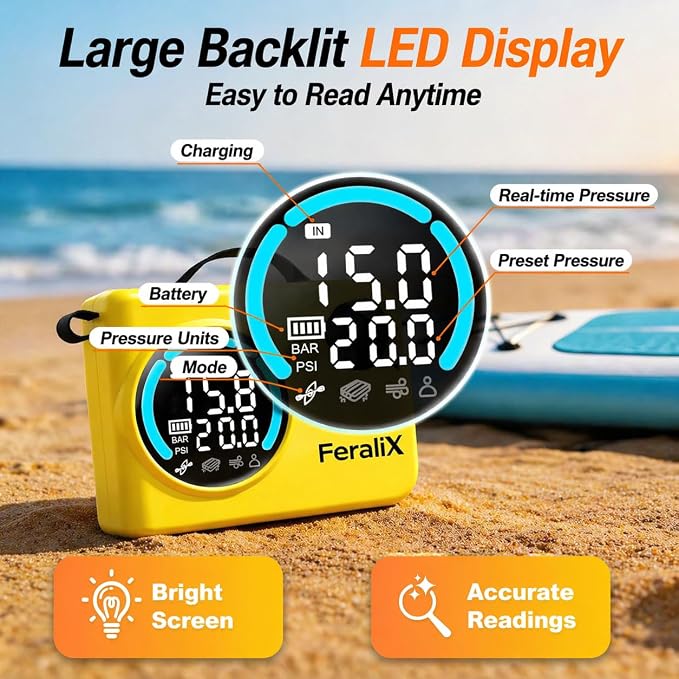 Electric Paddle Board Pump, 20 PSI Rechargeable SUP Air Compressor with Auto Shut-Off, Dual Stage Inflation & Deflation for Paddleboards, Kayaks, Boats