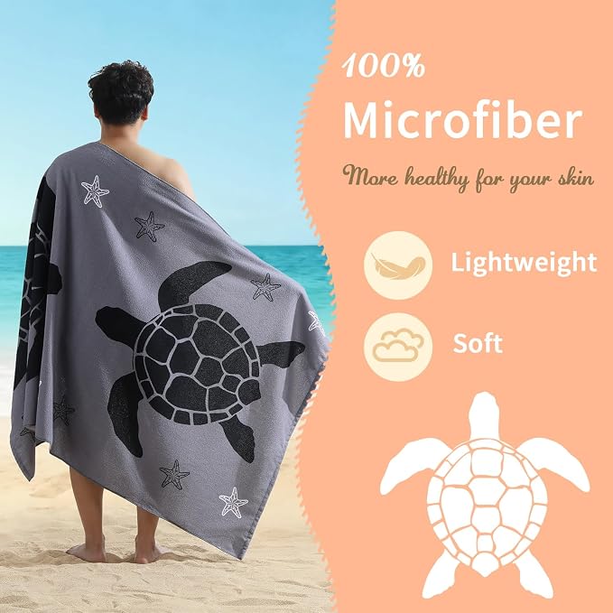 Belista Oversized Beach Towels 4 Pack,40”x70” Microfiber Thin Large Beach Towel Set for Adults Travel Camping Swimming,Turtle Starfish Them Sand Free Quick Dry Lightweight XL Pool Towels,Orange & Gray