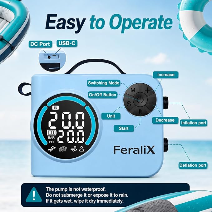 Electric Paddle Board Pump, 20 PSI Rechargeable SUP Air Compressor with Auto Shut-Off, Dual Stage Inflation & Deflation for Paddleboards, Kayaks, Boats