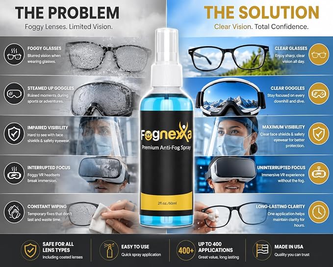 2fl Oz Fognexxa Premium Anti Fog Spray for Glasses, Goggles, VR Headsets & Face Shields, 24 Hour Fog Protection, Safe for Coated Lenses, 400+ Applications, Made in USA