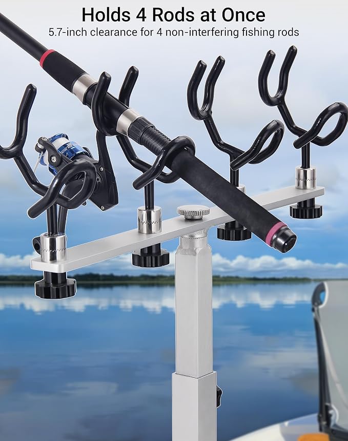 Aluminum Spider Rigging Rod Holder for Boat - 4 Pole Crappie Fishing Rack, Heavy Duty 6063-T5 Marine Grade Aluminum, 16.5"-30.5" Adjustable Height Square Tube Support for Catfish & Trolling
