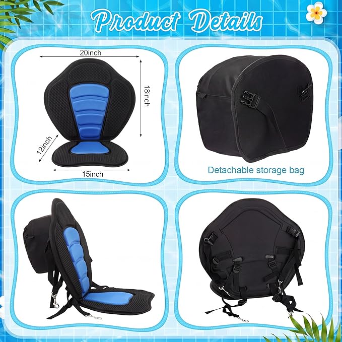 Vinsot Kayak Seat Cushion Universal Paddle Board Seat with Back Support Adjustable Non Slip Boat Chair Seats with 4 Straps and Storage Bag for Kayak Boat Sup Canoe