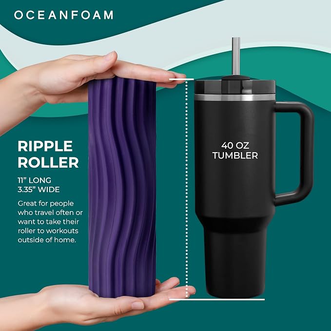 Oceanfoam Ripple Travel Foam Roller (11" x 3.35") Firm Mini Foam Roller for Physical Therapy, Deep Tissue Massage, Back Pain - High Density, Ergonomic Wave Textured - Yoga, Pilates, Exercise (Seafoam)