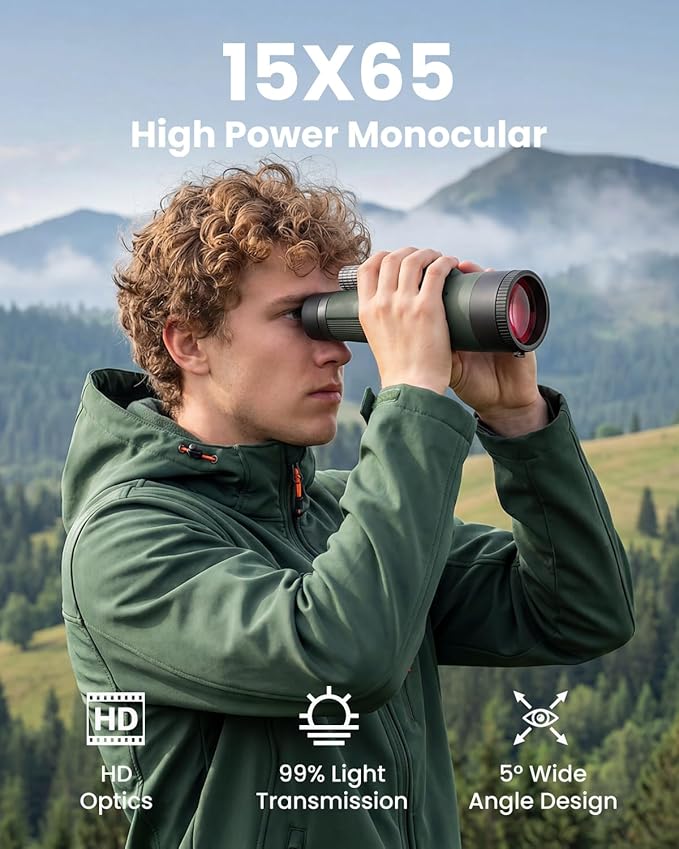 15x65 High Powered Monocular Telescope for Adults, UHD Large Objective Monocular with Smartphone Adapter & Tripod, BAK4 Prism, FMC Lens, Waterproof Telescope for Bird Watching, Stargazing