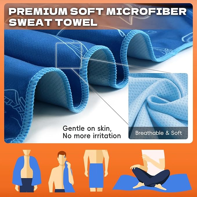 Microfiber Sweat Towel Quick Dry Lightweight Absorbent 2 Pack,Fast Drying 30‘’ X 60‘’ Negative Ions Odorless Gym Towels for Men & Women Yoga Gym Travel Outdoor Camping Beach (Marine Blue Hat)