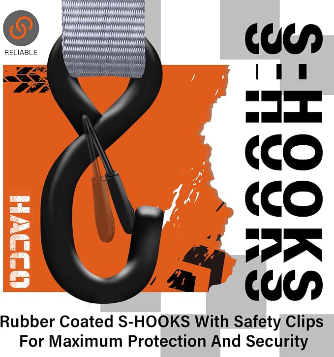 HACCOPLANET Ratchet Straps, 5280lb Break Strengeth, 1.6" Heavy Duty Ratchet Tie Down Strap Set w/Padded Handle, S Hook, Soft Loop for UTV Motorcycle Truck Cargo Straps (Grey, 16FT)