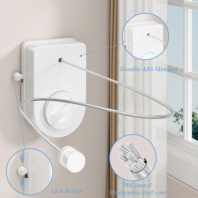 Danpoo Heavy Duty Retractable Clothesline - 13.8ft Adjustable Tension Stainless Steel Laundry Drying Line, Wall Mounted Clothes String with 2-in-1 Hook Base for Indoor, Outdoor, RV, Yard & Bathroom