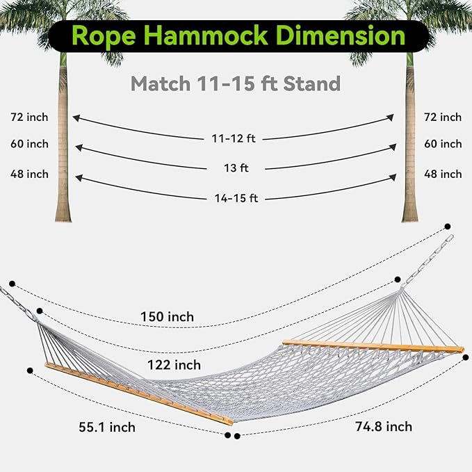 ANAGOO Double Hammock for 2 Person, Handwoven Rope Hammock with Spreader Bar Without Stand - Indoor & Outdoor Use for Patio, Poolside, Backyard (Grey)