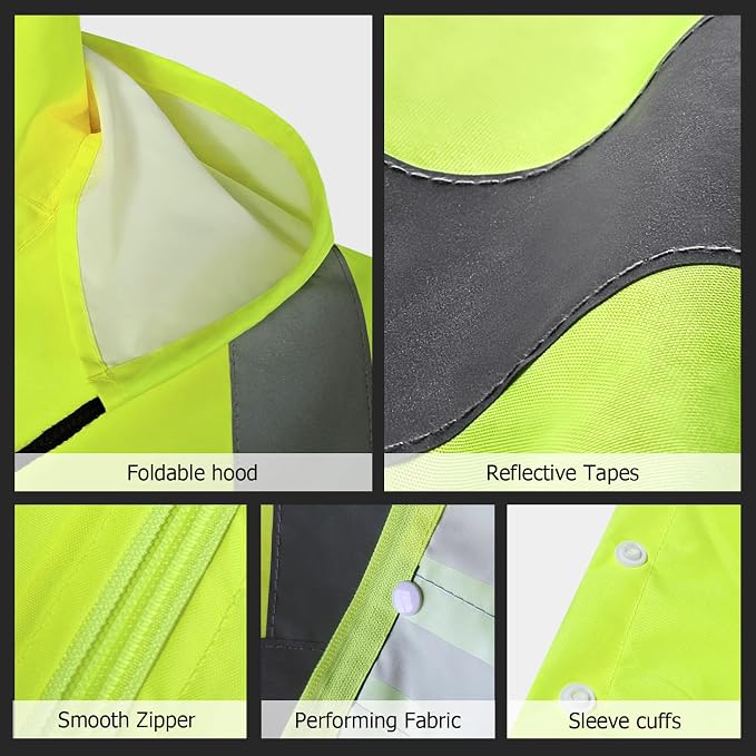 High Visibility Rain Coat and Pants, High Vis Rain Suit for Men, Waterproof Rain Jacket with Hood, Class 3 Lightweight Hi Vis Rain Gear for Outdoor & Safety Work, Men Women, Yellow B, S-M