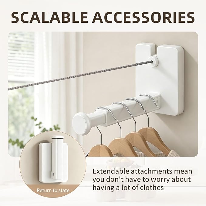 Anti-Sag Retractable Clothesline 40LB Capacity - 201in Stainless Steel Laundry Line for Indoor Outdoor, Wall Mounted Space Saving Easy Install (White, with Pole)