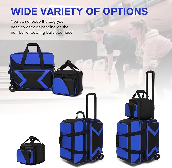3 Ball Bowling Bags with Wheels and Shoes Compartment, Roller with Multipocket, 2 Ball Bowling Roller Bag + 1 Ball Color Matching Add On Tote (Blue-Black)