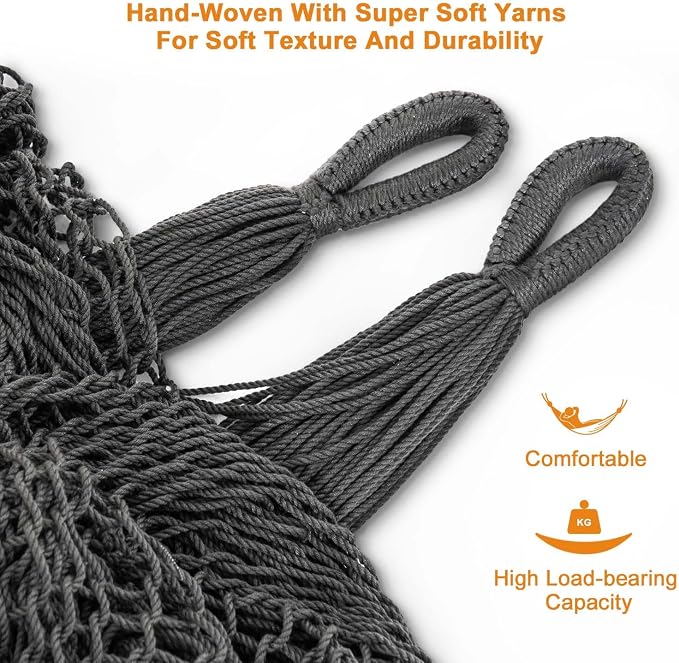 Lazy Daze Hammocks Handwoven XL Mayan Hammock, 10.5 FT Soft Rope Double Hammocks, Portable Outdoor Hammock with Carry Bag, 2 Straps & Carabiners for Patio Outside, 550 lbs Weight Capacity, Gray