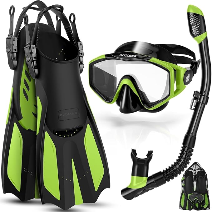 Odoland Snorkel Set, Adults Snorkeling Packages with Dry Top Diving Mask, Adjustable Swim Fins, Mesh Bag, Anti-Fog Anti-Leak Snorkeling Gear for Men Women