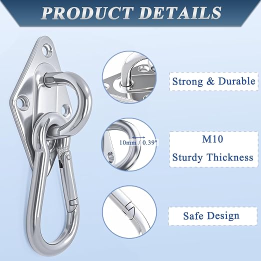 OHIYO 2PCS M10 Stainless Steel Pad Eye Hooks+2PCS M10 Snap Hooks, Heavy Duty Hammock for Hanging, 1300lbs Capacity for Swing Set, Plant Hanger, Outdoor Lights