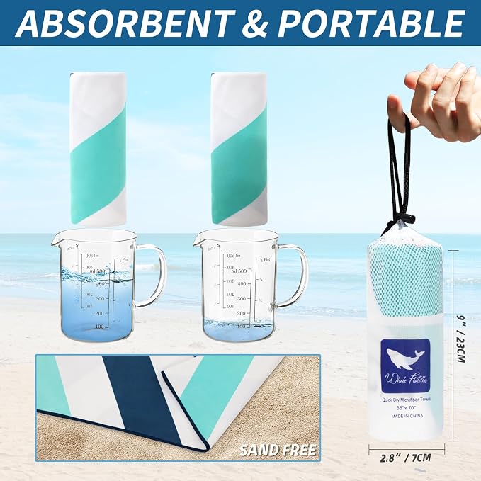 Whale Flotilla Quick Dry Beach Towel Oversized (35"x70"), Microfiber Sand-Free Beach Towels, Extra Large Compact Pool Travel Accessories, Aqua