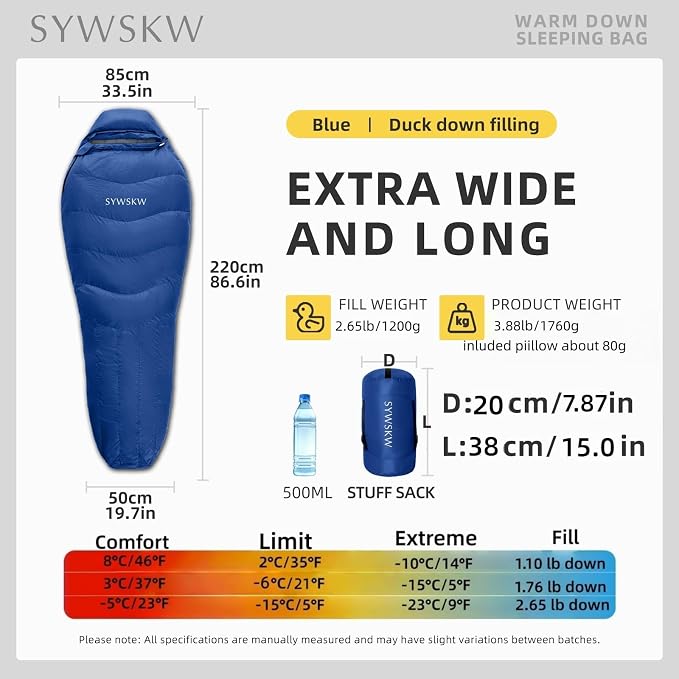 Down Sleeping Bag with Pillow for Backpacking,15℉ 5℉ 0℉ Wide Down Sleeping Bag (86.6 in x 33.5 in) for Adults,Youth Camping and Hiking Outdoor with 680FP Duck Down