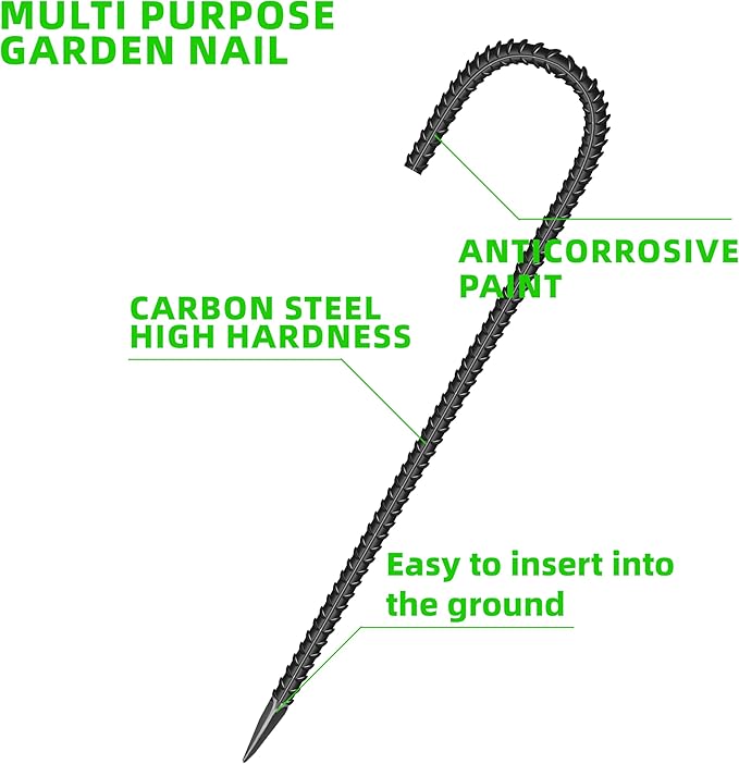 18 Pieces 12-Inch Garden Ground Stakes Galvanized Steel J Shape Hook Rebar Stake - Heavy Duty Anchors for Tents, Position Kits,Fences, and Trampolines