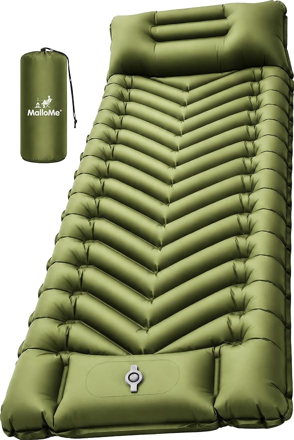 MalloMe Sleeping Pad for Camping, Camping Mattress - Bed for Outdoors Self-Inflating Air Mattress for Backpacking Leak-Resistant Inflatable Travel Mat w/Foot Pump Compact Ultralight Single & Double