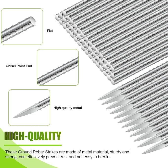 Gisafai 8 Pcs 16 Inch Ground Rebar Stakes Heavy Duty Ground Anchors Steel Plant Support Garden Stake Long Straight Metal Spikes with Chisel Point End for Concrete Timber Garden Plant Tent