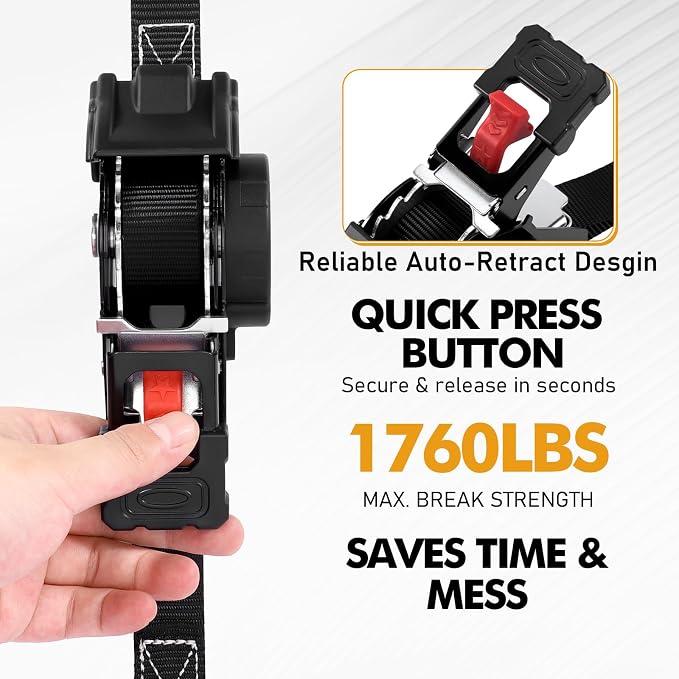 LEVELEVE Retractable Ratchet Tie Down Straps (2" x 6FT, 2-Pack, Black) - Heavy Duty 4000LBS Break Strength Quick-Lock, Weather Resistant for Moving, Cargo, Trucks & Boats