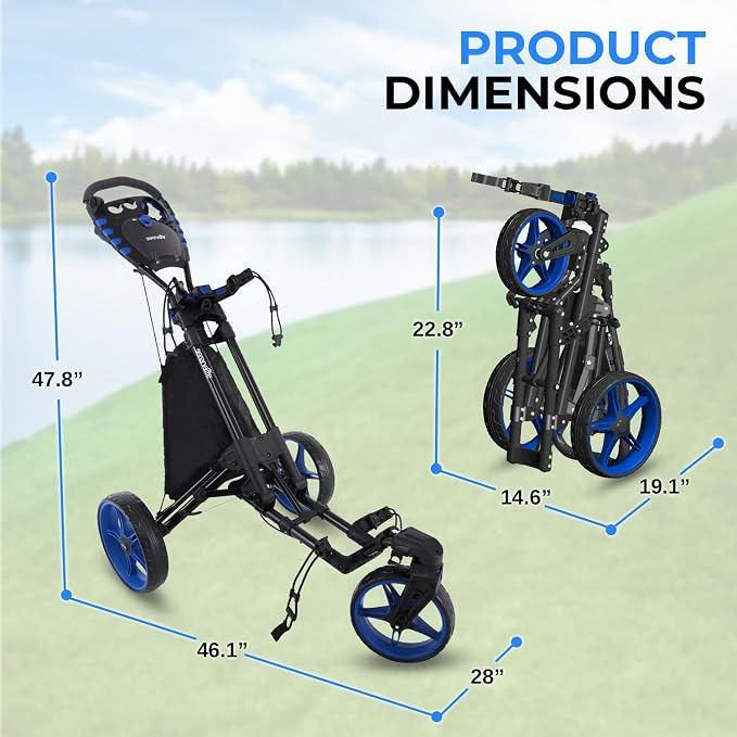 SereneLife Golf Push Pull Cart – Lightweight, Foldable, Bag Holder with Adjustable Handle, Caddy Accessories, Compact Folding Golf Trolley for Travel