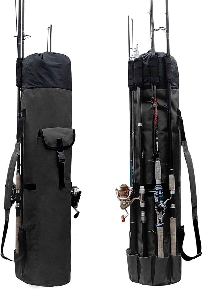Allnice Durable Canvas Fishing Rod & Reel Organizer Bag Travel Carry Case Bag- Holds 5 Poles & Tackle