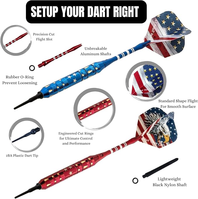 Soft Tip Darts Set - Professional Darts for Electronic Dartboard - Includes Brass Barrels + Plastic & Aluminum Shafts + Rubber O'Rings + Flights + 50PC 2BA Tips + Wrench
