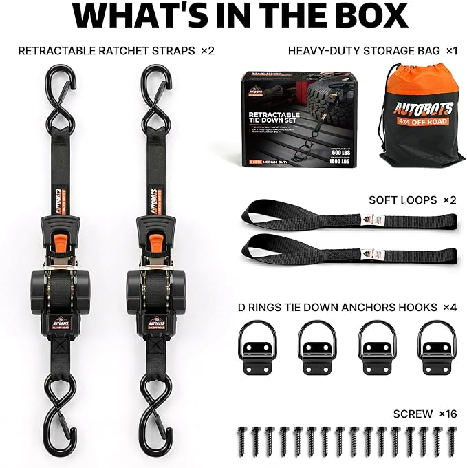 AUTOBOTS Retractable Ratchet Straps (2-Pack) 1” X 10ft (1,800lb Break Strength) - Heavy Duty Auto Self Tie Down Straps with (4) Tie Down Anchor for Cargo Trailer, Truck, Motorcycle, ATV, UTV