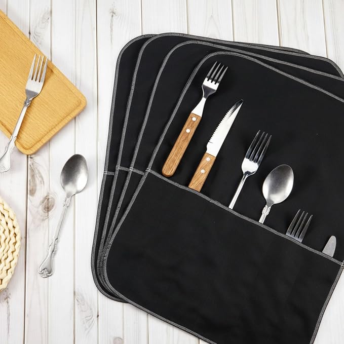 Hillban 6 Pcs Anti Tarnish Silver Storage Bags Silver Storage Cloth Felt Flatware Organizer Anti Tarnish Protector Bags Place Setting Roll with White Ribbon for Kitchen Cutlery (6 Slots,Black)