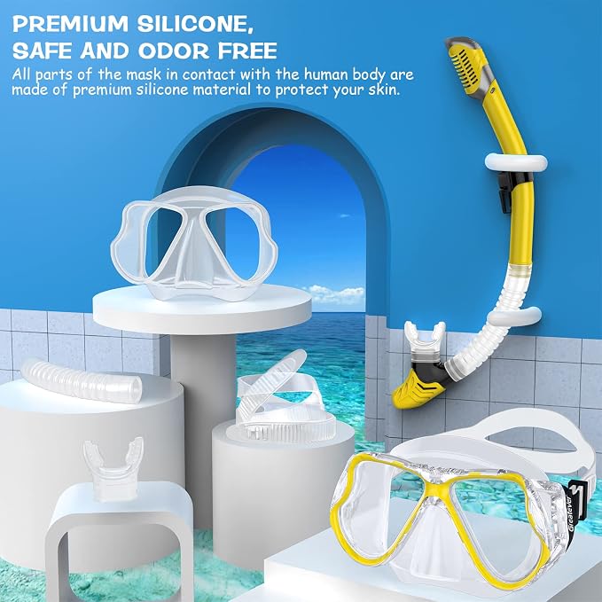 Greatever Dry Snorkel Set,Panoramic Wide View Anti-Fog Scuba Diving Mask,Professional Snorkeling Gear for Adults Kids